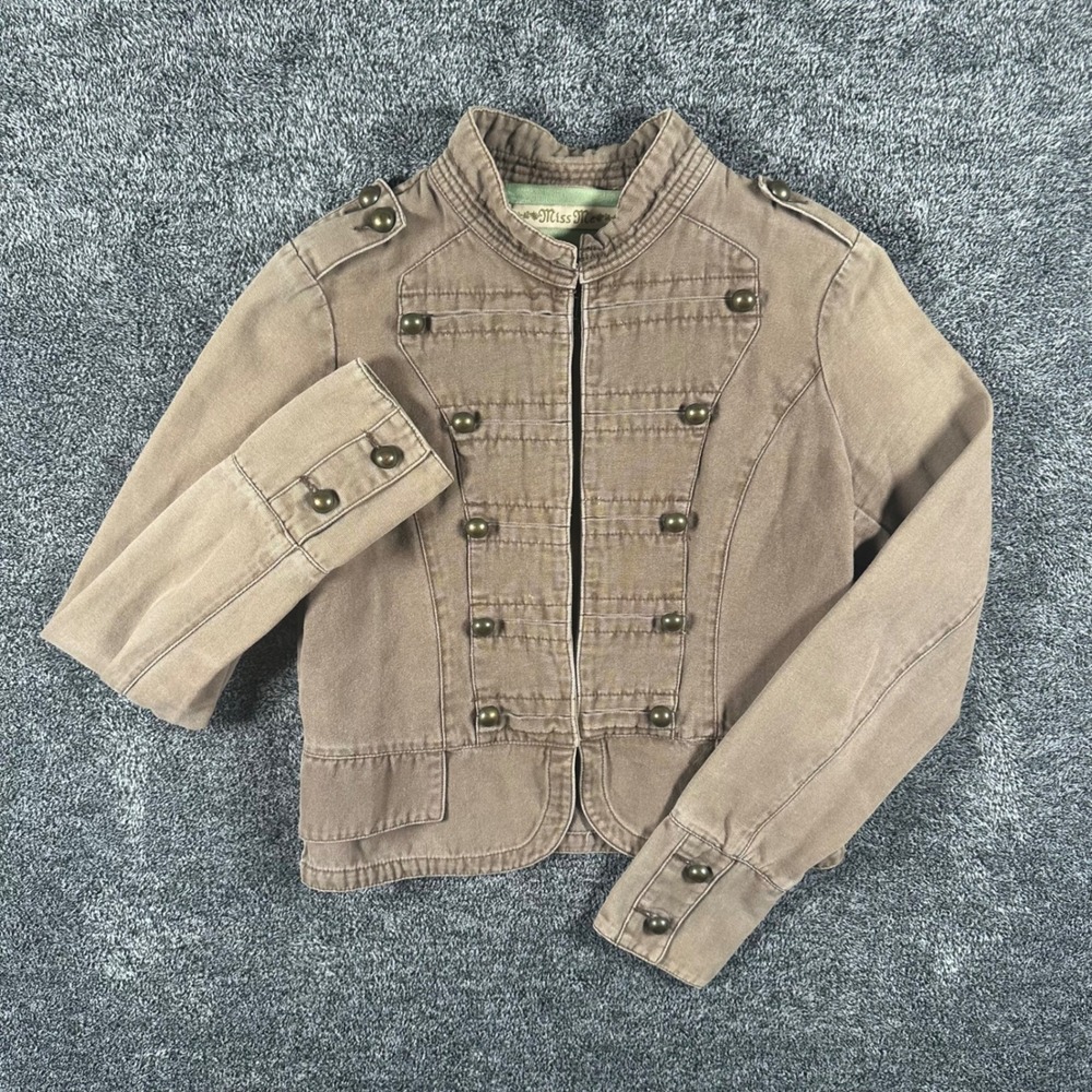 Miss Me Jacket Womens S Brown Military Canvas Brass Button Cropped Utility Boho - Picture 2 of 10